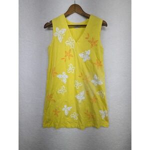 Vintage M. Mac Yellow Butterfly‎ 100% Cotton Mid Length Dress L